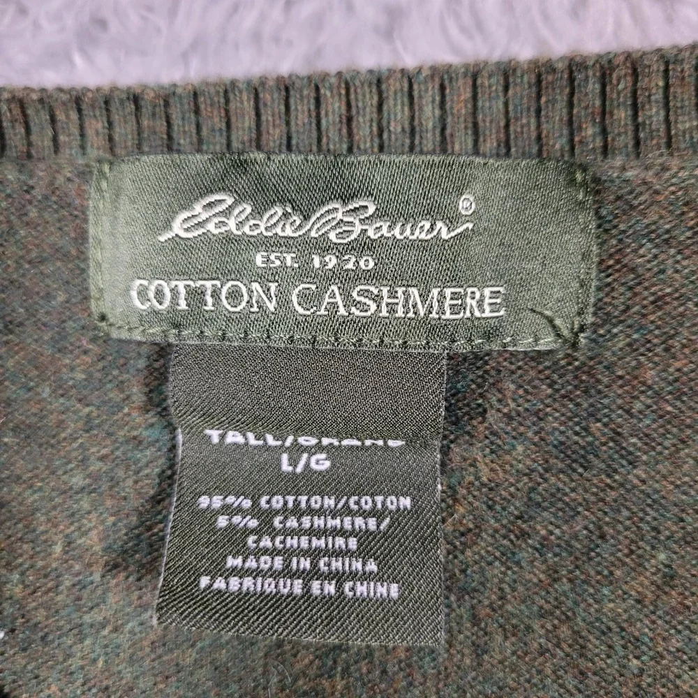 Eddie Bauer V-Neck Sweater Mens Large Green Cotton Cashmere Blend Long‎ Sleeve